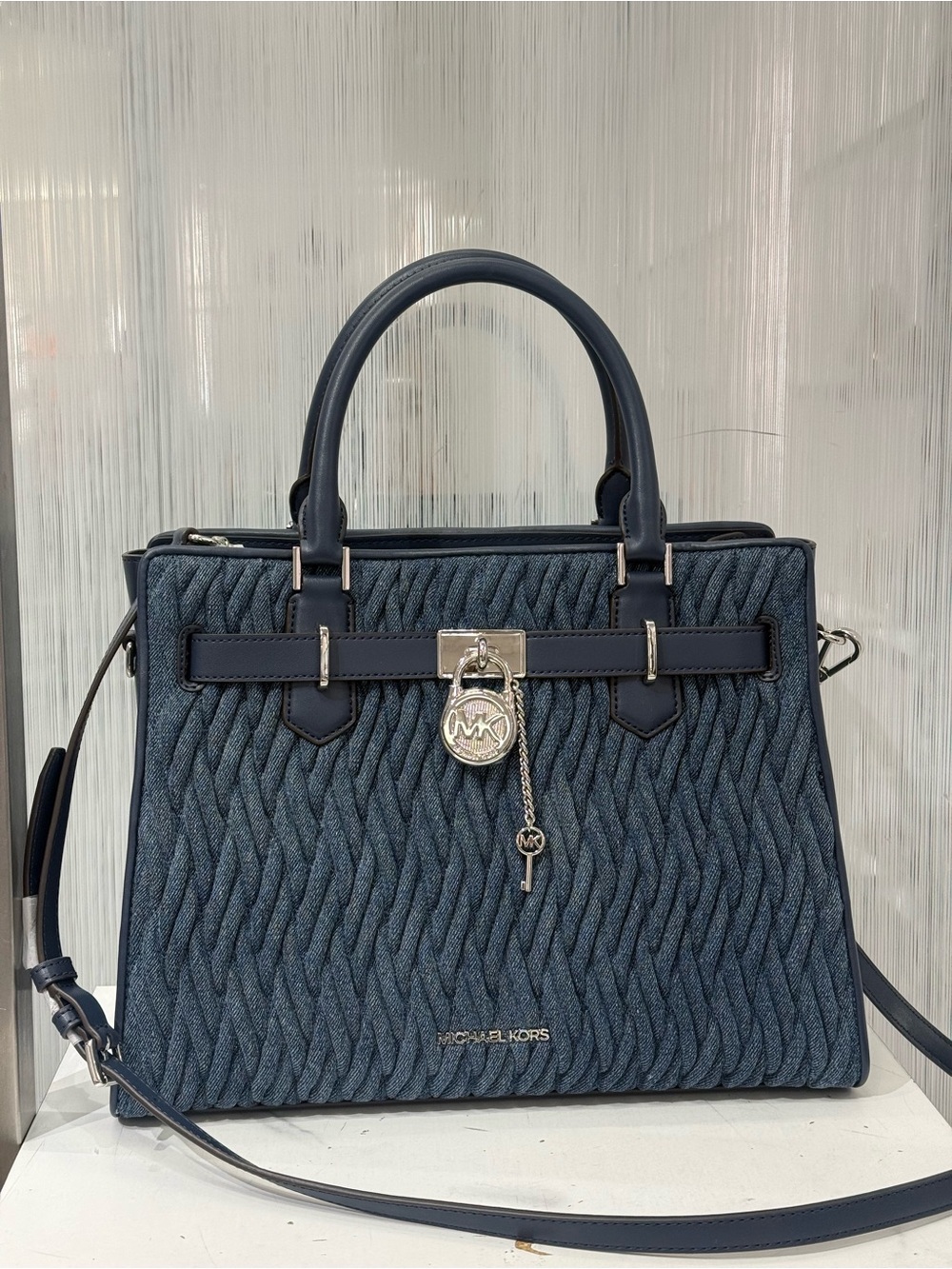 NWT MICHAEL KORS Hamilton Medium Matelassé Denim Satchel